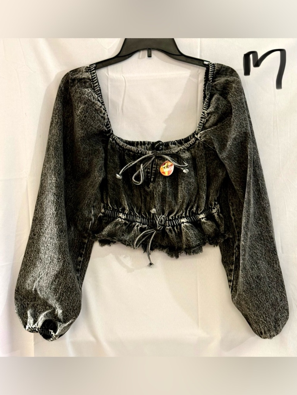 Jacqui E Washed Charcoal Smocked Square-Neck Crop Top